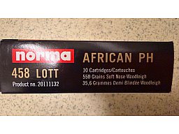 10 Norma African PH .458 Lott TM SP - 35,6g / 550grs Woodleight Soft Nose UVP 208€