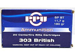 20 Schuss / 20 Patronen PPU .303 BRITISH A-125 180gr 11,7g SP BT Teilmantel Munition Partizan 303 B