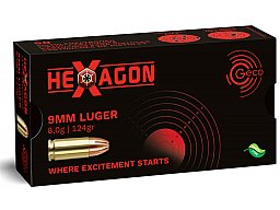 50 Schuss GECO 9mm Luger 9x19 HEXAGON JHP Hohlspitz SX Präzisionsmunition 124gr 8,0g Fangschuss NEU!