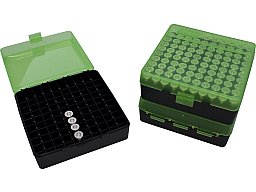 100er Patronenbox Munitionsbox MTM P-100-3-16T Grün/Schwarz mit Scharnier Kurzwaffe .38 Spec 357 Mag
