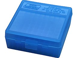 100er Patronenbox Munitionsbox MTM P-100-3-24 Blau-Klar mit Scharnier Kurzwaffe .38 Spec 357 Mag. ..