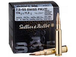 50 Schuss S&B Sellier&Bellot SuB 7,5x55 SWISS 7.5 x 55 FMJ Vollmantel 174grs 11,3g Messinghülse Boxe