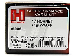 25 Schuss / Patronen HORNADY .17 HORNET 17 HOR 20gr 1,3g SF V-MAX Varmint Teilmantel JAGD Raubwild