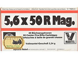 20 RWS Patronen im Kaliber 5,6x50 R Mag. -3,24g. Vollmantel