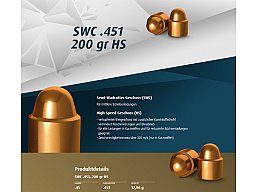 250 St. H&N Geschosse .451 SWC HS 200grs 45er Auto Haendler&Naterman BLEIGESCHOSSE Semi-Wadcutter!