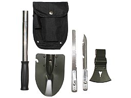 Multifunktionsset, 6 in 1, mit Tasche - Universalstiel, Beil, Spaten, Säge, Messer mit Dosenöffner