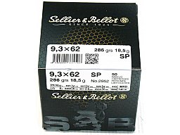 50 Schuss S&B Sellier&Bellot SuB 9,3x62 9.3 x 62 SP Teilmantel 285grs 18,5g Messing Boxer #2952 Jagd