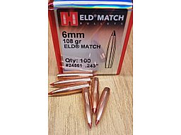 6mm.243/108 grs ELD Match Hornady 100 stk No. 24561 #