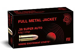 50 Schuss GECO .38 SUPER AUTO - FMJ Flat RN Vollmantel Rundkopf Pistolen Munition 124gr 8g 430m/s