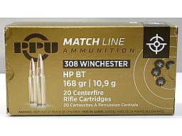 20 Schuss / 20 Patronen PPU .308 Win. MATCH A-496 168gr 10,9g HP BT Hohlspitz Munition Prvi Partizan