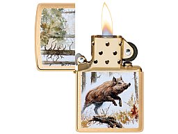 Original ZIPPO Benzinfeuerzeug "ZIPPO" made in USA Benzin Sturmfeuerzeug MOTIV JAGD KEILER ! Messing