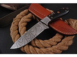 Damast Jagdmesser schöne Klingenmaserung Damast Stahl mit Lederhülle 1990