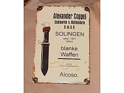 Emailleschild Alexander Coppel blanke Waffen 20 x 30 cm