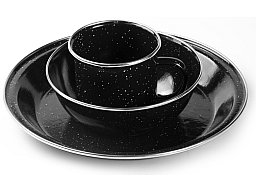 Kleines Emaille Camping-Geschirr-Set 3tlg in Schwarz - Tasse + Teller + Schüssel