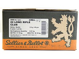 5000 Stück / Schuss S&B .22 l.r. lfb KK Munition CLUB 40grs 2,6g LRN Blei Rundkopf 330 m/s Standard