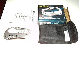 Westfalia 4 in 1 Karabiner Multifunktionswerkzeug. Multitool enthält Säge, Klinge und Taschenlampe,