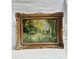 Kleines altes Jagdbild HIRSCH MIT HIRSCHKÜHEN 18,5 x 14,5 cm