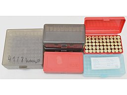 6 MTM Patronenboxen + 50 Hülsen Kaliber .44 Rem.Mag.