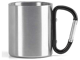 Doppelwandiger Edelstahlbecher / Tasse mit schwarzem Karabinergriff