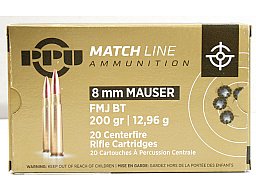 20 Schuss / 20 Patronen PPU 8MM MAUSER MATCH A-542 200gr 12,96g FMJ BT Vollmantel Munition Partizan