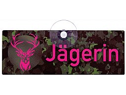 1 x Autoschild "JÄGERIN" camo/pink Hirsch | mit Saugnapf Windschutzscheibe 18x6,5cm Aluverbundplatte