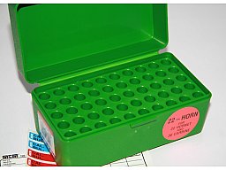 MTM 50er Patronenbox .22 Hornet .30 Carbine .204 Ruger .17 Rem. .222 u.w. - mit Klappdeckel | Grün