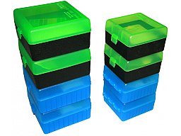 100er Patronenbox Munitionsbox von MTM mit Scharnier .17 .222 .223 Remimgton RS-100-24 BLAU / KLAR