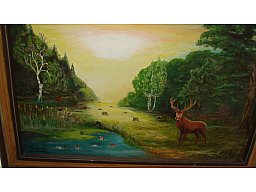 Ölgemälde Enten und Hirsch am Teich