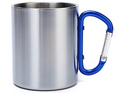 Doppelwandiger Edelstahlbecher / Tasse mit blauem Karabinergriff