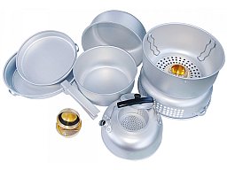 Kochset De Luxe aus Aluminium - mit Spirituskocher - leicht und handlich