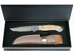 PARFORCE DAMAST WURZELHOLZ Feststehendes Messer 9cm DamastKlinge inkl. Lederscheide ETUI Geschenkbox