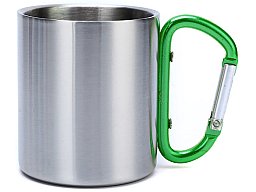 Doppelwandiger Edelstahlbecher / Tasse mit grünem Karabinergriff