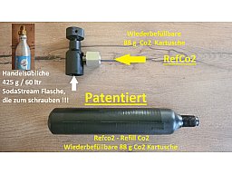 88 g Co2 Kartusche - Wiederbefüllbar ! patentiert ! RefCo2 ! + Adapter für schraubbare SodaStream
