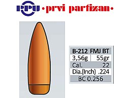 100 Stück PPU | PrviPartizan Geschosse #B-212 | .224(22) 55gr/3,56g FMJ BT Vollmantel BoatTails