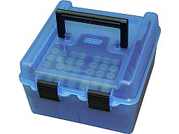MTM R-100 DELUXE Patronenbox, Munitionsbox Scharnier - .22 bis 9,3 .410 auch RANDPatronen 100er BLAU