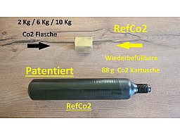 88 g Co2 Kartusche - Wiederbefüllbar ! patentiert ! RefCo2 ! + Adapter für 2-10 Kg Fl.<1 € / Füllung