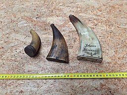 Posten originale Pulverhörner Zündkrautbehälter aus Horn