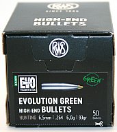 50 Stück NEUE RWS Geschosse - EVO-GREEN (bleifrei) 6,5mm .264 6.5MM 93gr 6g #2407446 Teilzerleger