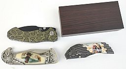 Messersammlung mit 3 Messer, unbenutzt. Indianer, Adler, MP9, mit Holzschatulle