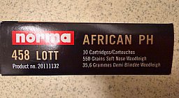 10 Norma African PH .458 Lott TM SP - 35,6g / 550grs Woodleight Soft Nose UVP 208€