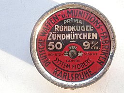 Patronen 9 mm Flobert Rundkugel, DWM, 50 er Blechdose.
