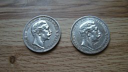 2 x 5 Mark Stücke Preussen, Kaiser Wilhelm II, 1908 u. 1910