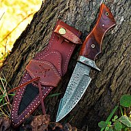 Damast Jagdmesser schöne Klingenmaserung Damast Stahl mit Lederhülle 7864507