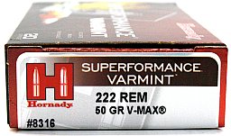 20 Schuss / Patronen HORNADY .222 REM #8316 SUPERFORMANCE 50gr 3,2g V-MAX Varmint Teilmantel JAGD