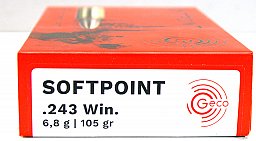 20 Schuss GECO SP Softpoint Büchsenpatronen .243 Win 105gr 6,8g Teilmantel Jagd Munition Blei 243Win