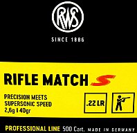 50 Stück / Schuss RWS .22 l.r. lfb KK Munition RIFLE MATCH S 40grs 2,6g LRN Blei Rundkopf 345 m/s