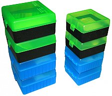 100er Patronenbox Munitionsbox von MTM mit Scharnier .17 .222 .223 Remimgton RS-100-24 BLAU / KLAR
