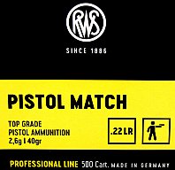 50 Stück / Schuss RWS .22 l.r. lfb KK Munition PISTOL MATCH 40grs 2,6g LRN Blei Rundkopf 275m/s