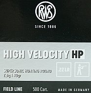 50 St. Schuss RWS .22 l.r. lfb KK Jagdmunition HV High Velocity Hohlspitz HP 2,6g BR 385m/s 193 J.