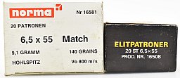 40 Norma Patronen 6,5x55 - 9,1g. Hohlspitz Match